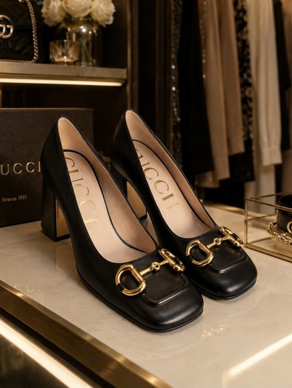 Gucci Magaka Kid Block Heel Pumps with Gold Horsebit